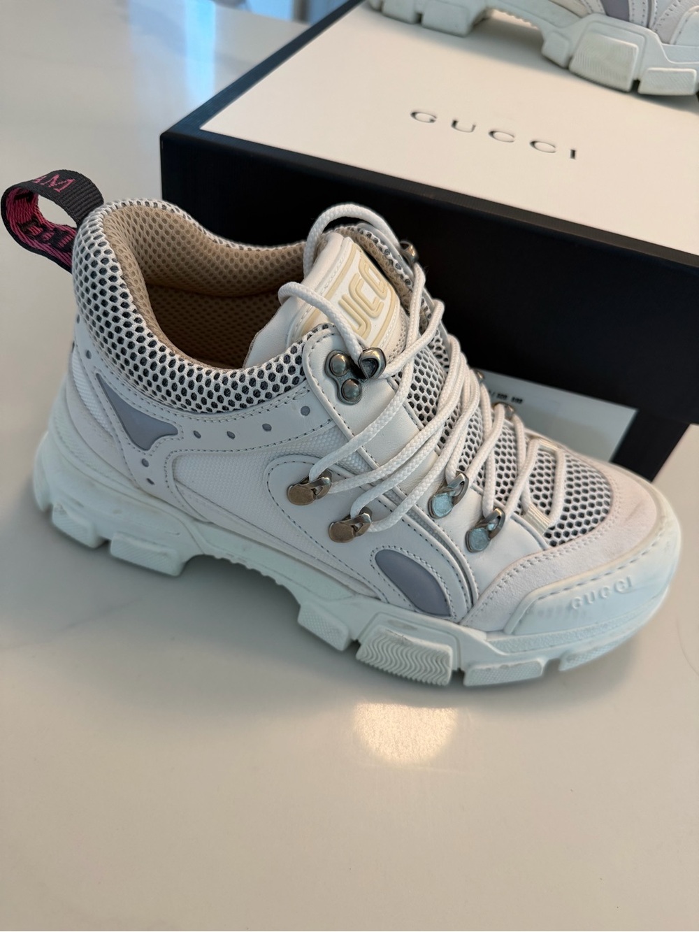 Gucci Flasktrek White and Cream Chunky Mesh Leather Sneakers Size 37 Unisex - Picture 2 of 12